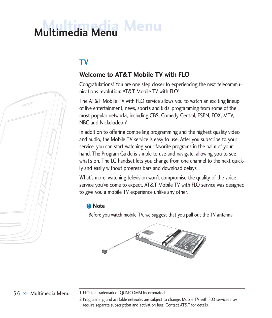 LG Electronics CU920 manual Multimedia Menu, Welcome to AT&T Mobile TV with FLO 