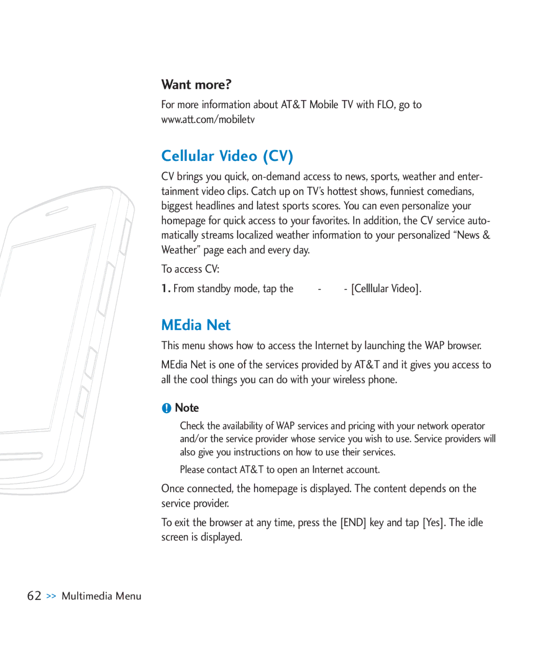 LG Electronics CU920 Cellular Video CV, MEdia Net, Want more?, To access CV From standby mode, tap the Celllular Video 