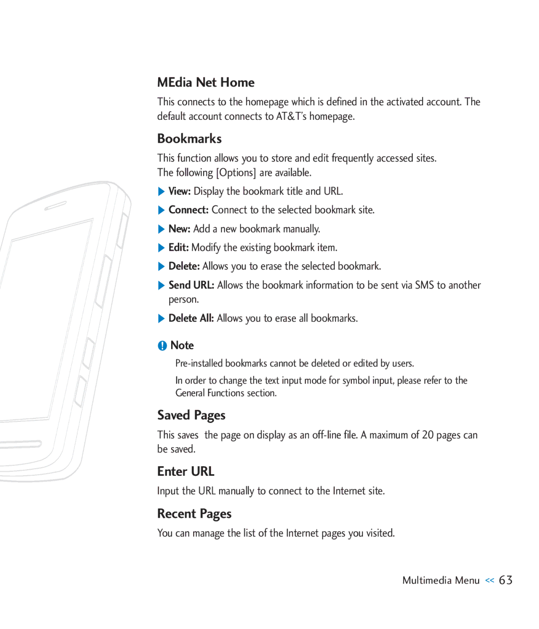 LG Electronics CU920 manual MEdia Net Home, Bookmarks, Saved Pages, Enter URL, Recent Pages 