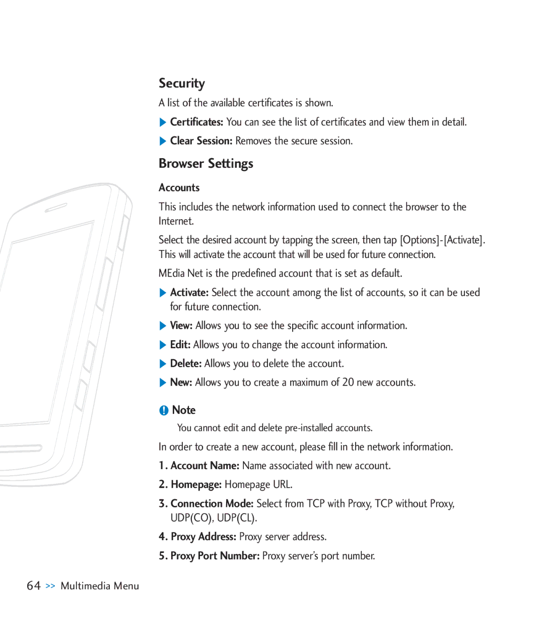 LG Electronics CU920 manual Security, Browser Settings, List of the available certificates is shown, Accounts 