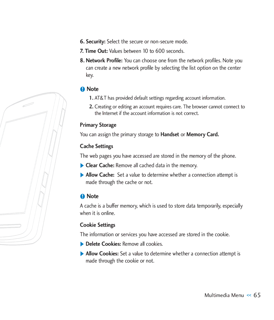 LG Electronics CU920 manual Primary Storage, Cache Settings, Cookie Settings 