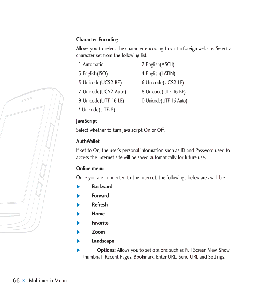 LG Electronics CU920 manual Character Encoding, JavaScript, AuthWallet, Online menu 