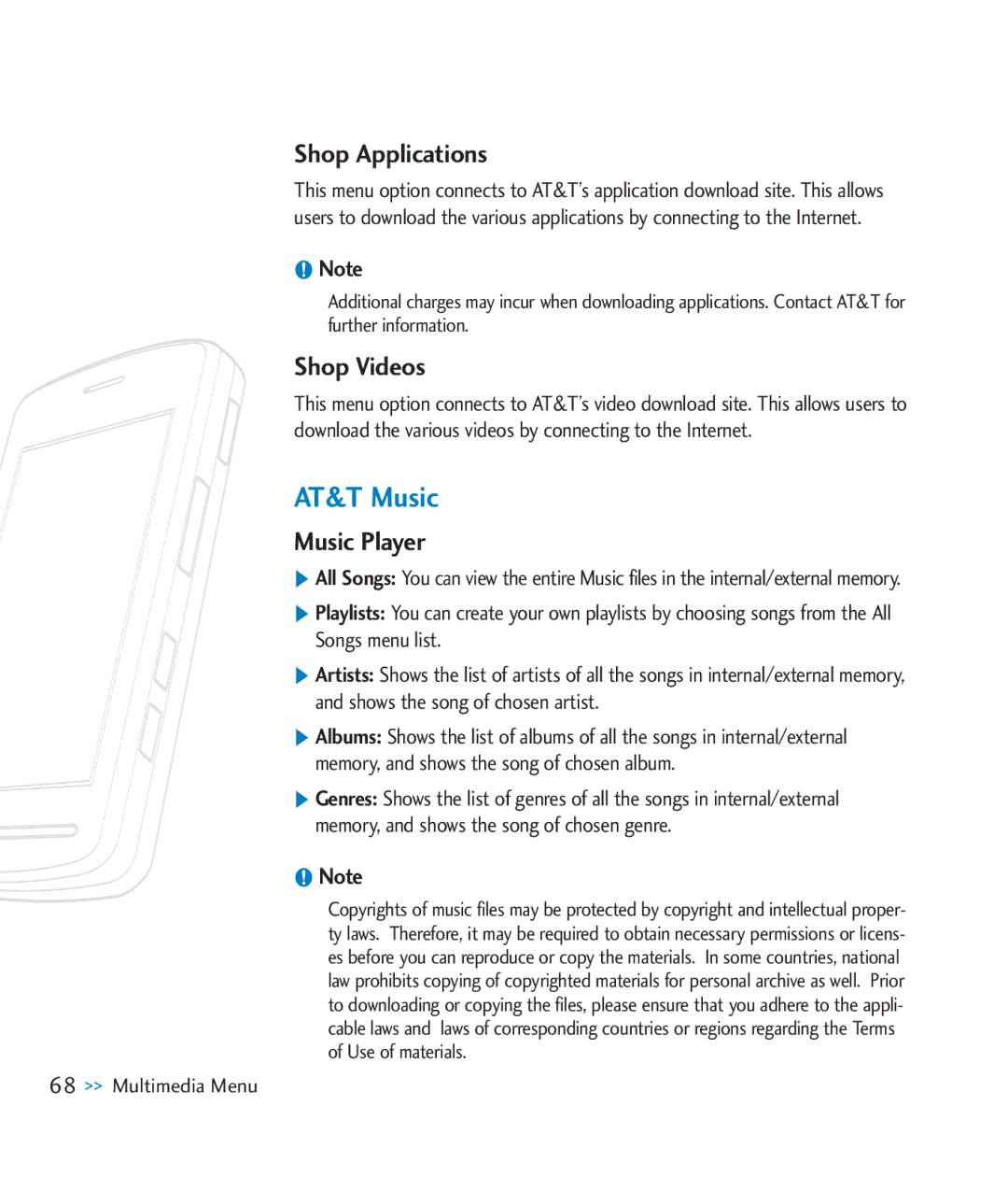 LG Electronics CU920 AT&T Music, Shop Applications, Shop Videos, Music Player, Memory, and shows the song of chosen genre 