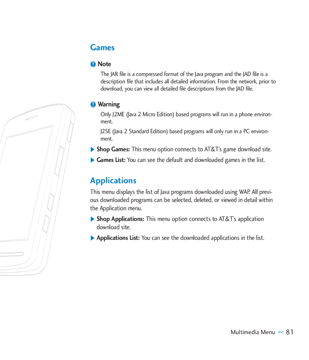 LG Electronics CU920 manual Games, Applications 