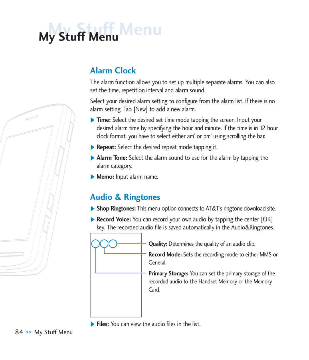 LG Electronics CU920 manual My Stuff Menu, Alarm Clock, Audio & Ringtones, Files You can view the audio files in the list 