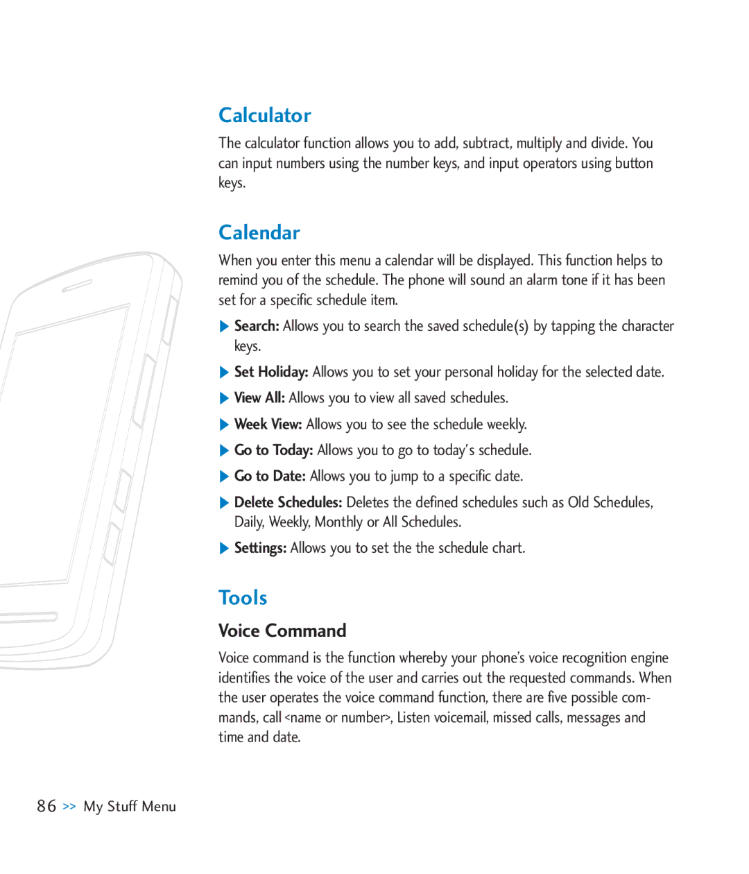 LG Electronics CU920 manual Calculator, Calendar, Tools, Voice Command, Settings Allows you to set the the schedule chart 