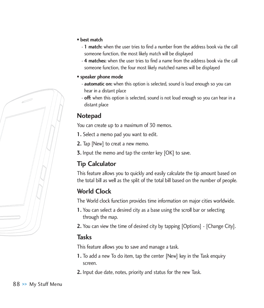 LG Electronics CU920 manual Tip Calculator, World Clock, Tasks 