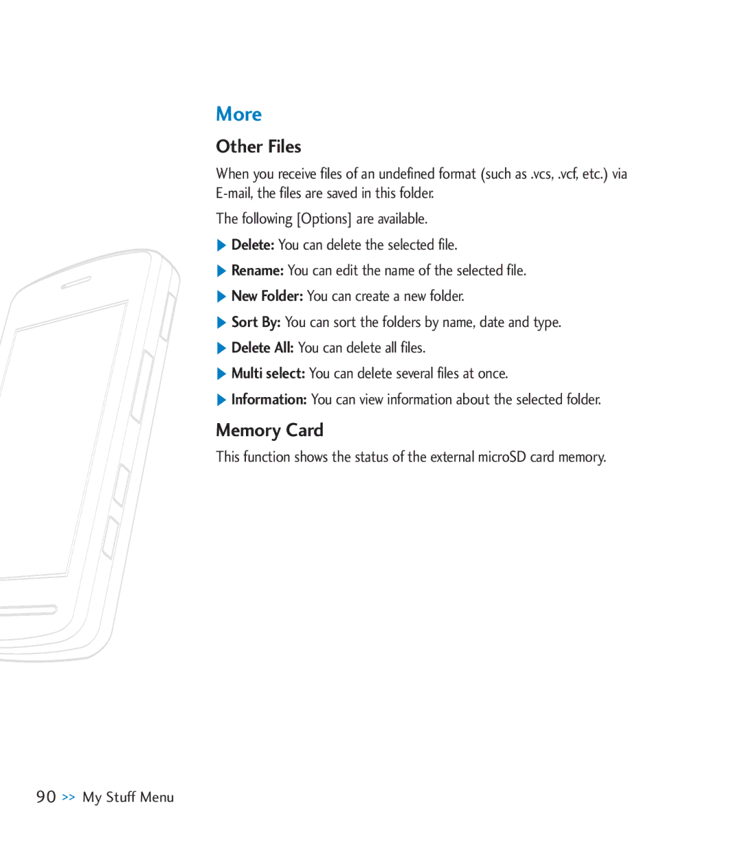 LG Electronics CU920 manual More, Other Files, Memory Card 