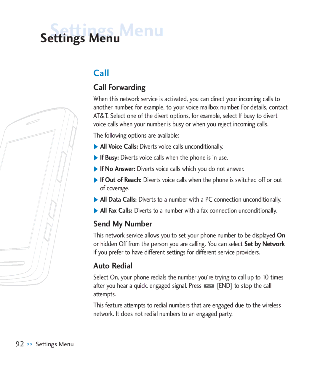 LG Electronics CU920 manual Settings Menu, Call 