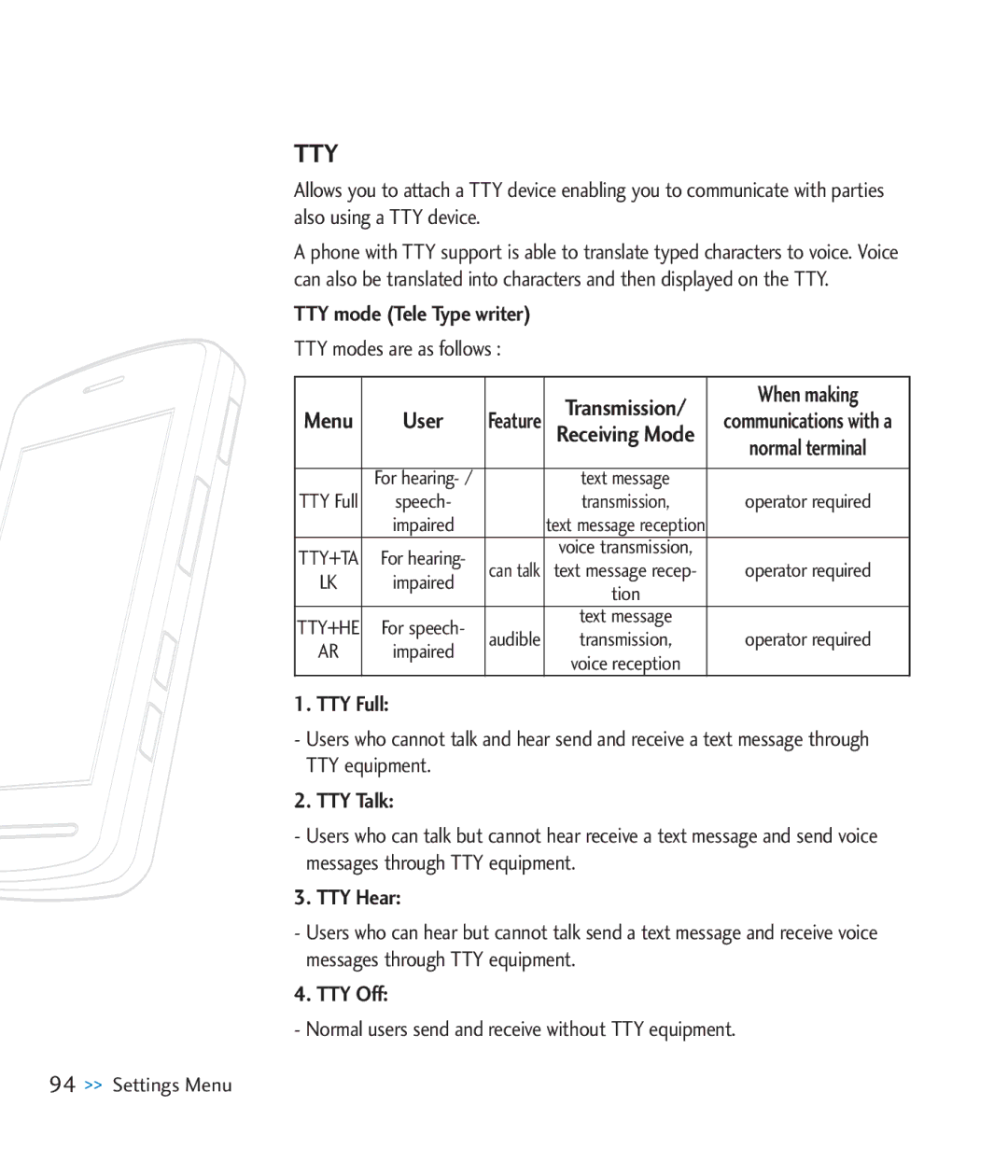 LG Electronics CU920 manual TTY mode Tele Type writer, When making, TTY Full, TTY Talk, TTY Hear, TTY Off 