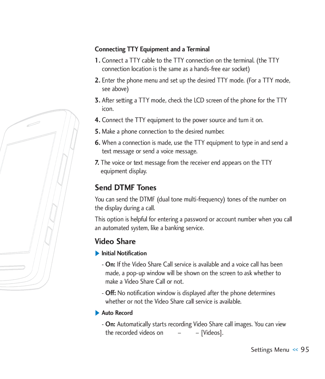 LG Electronics CU920 Send Dtmf Tones, Video Share, Connecting TTY Equipment and a Terminal, Recorded videos on Videos 