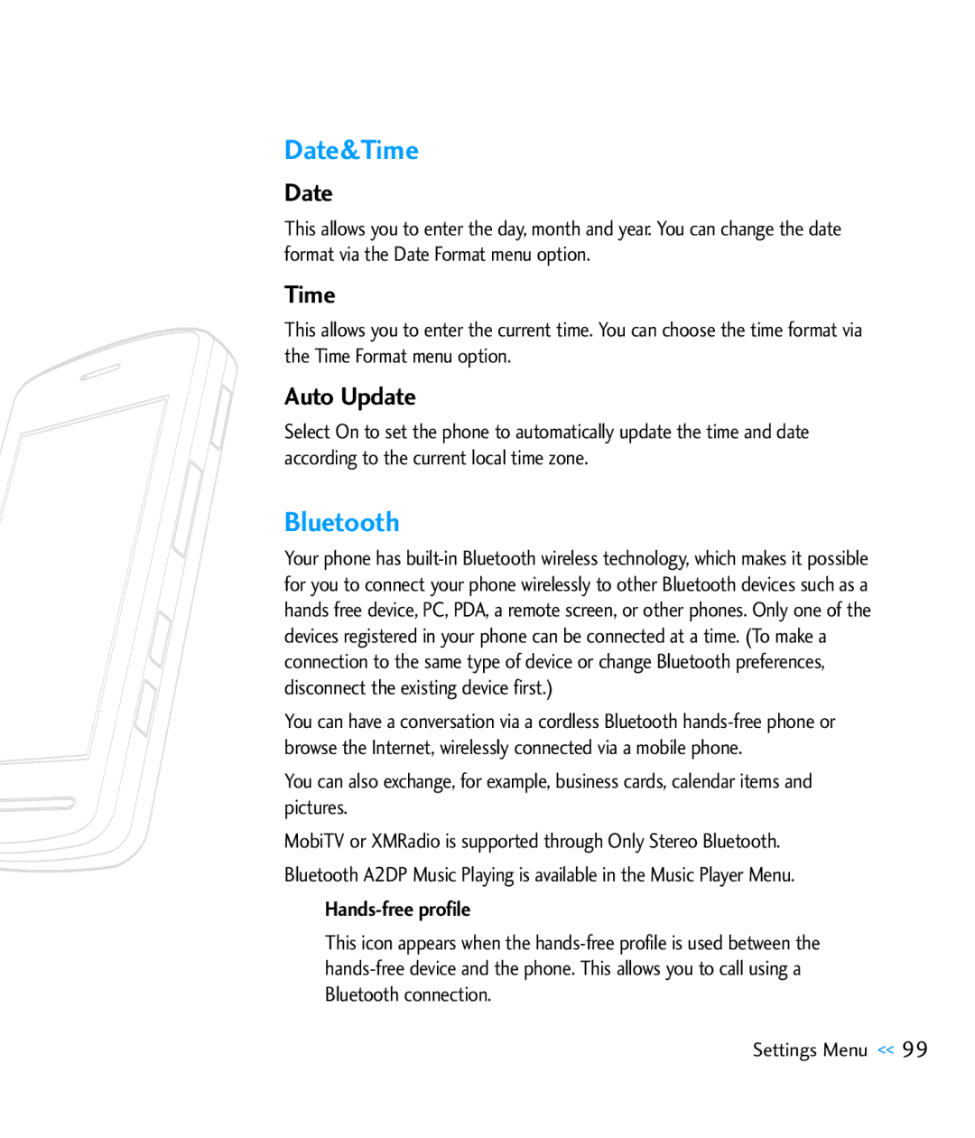 LG Electronics CU920 manual Date&Time, Bluetooth, Auto Update 