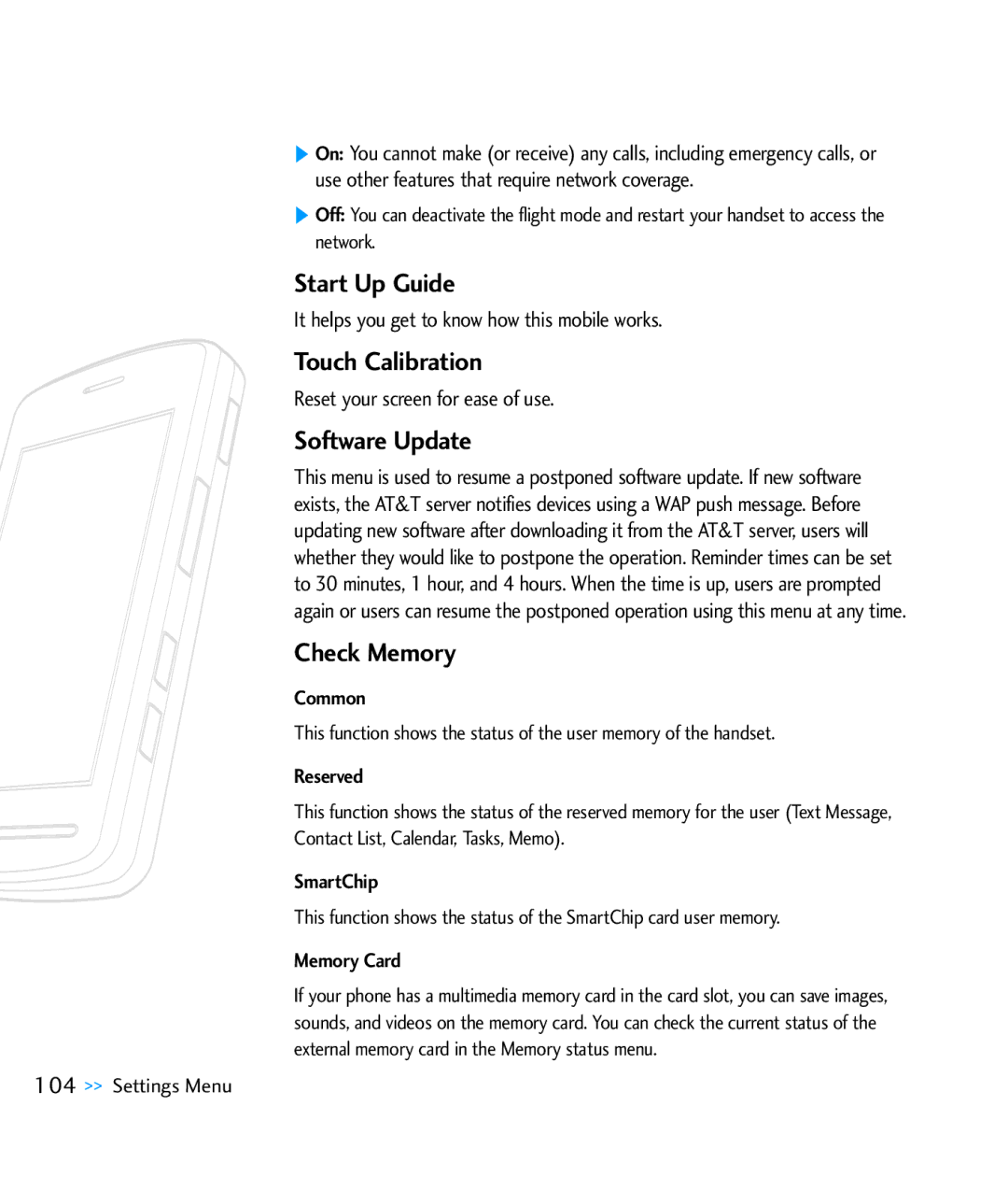 LG Electronics CU920 manual Start Up Guide, Touch Calibration, Software Update, Check Memory 