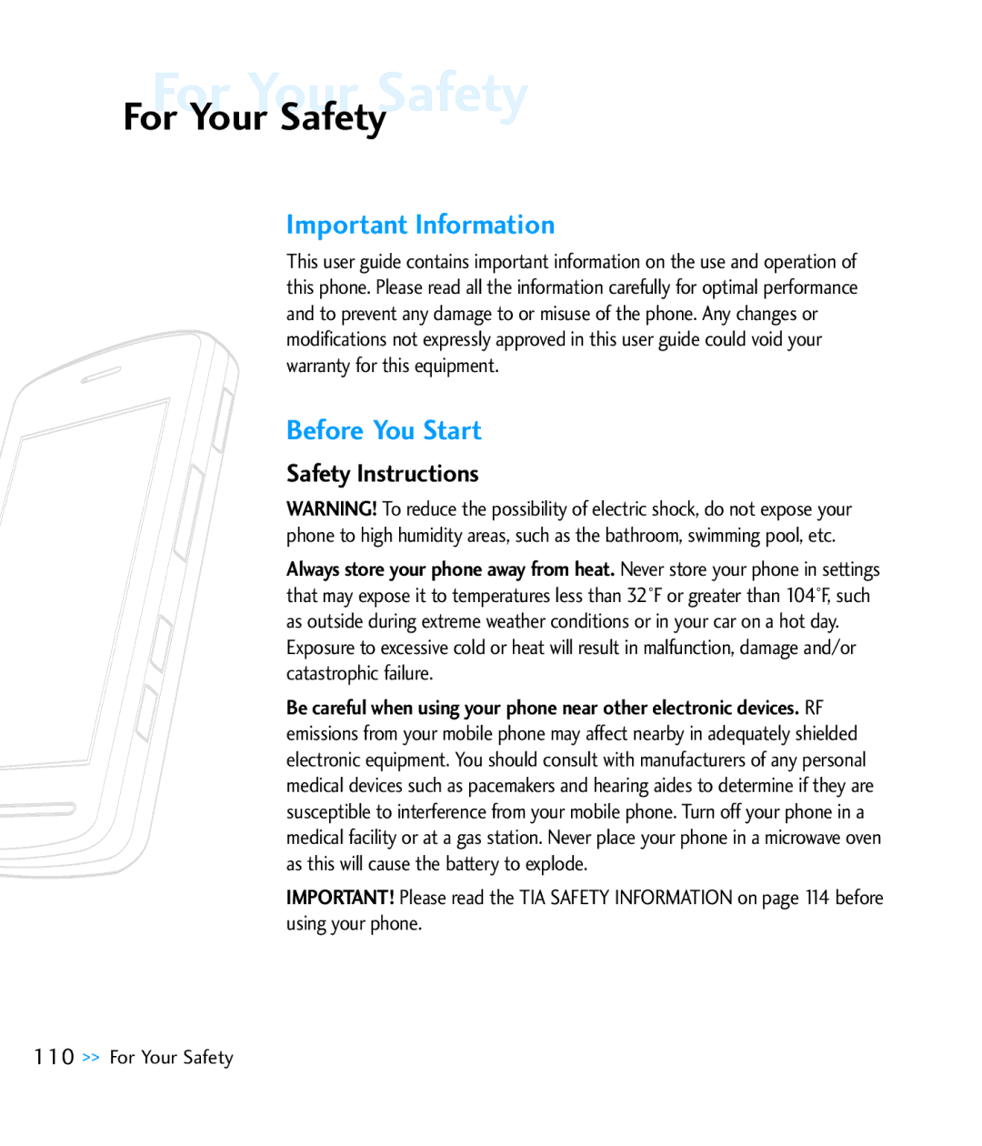 LG Electronics CU920 manual ForForYourYourSafetySafety, Important Information, Before You Start, Safety Instructions 