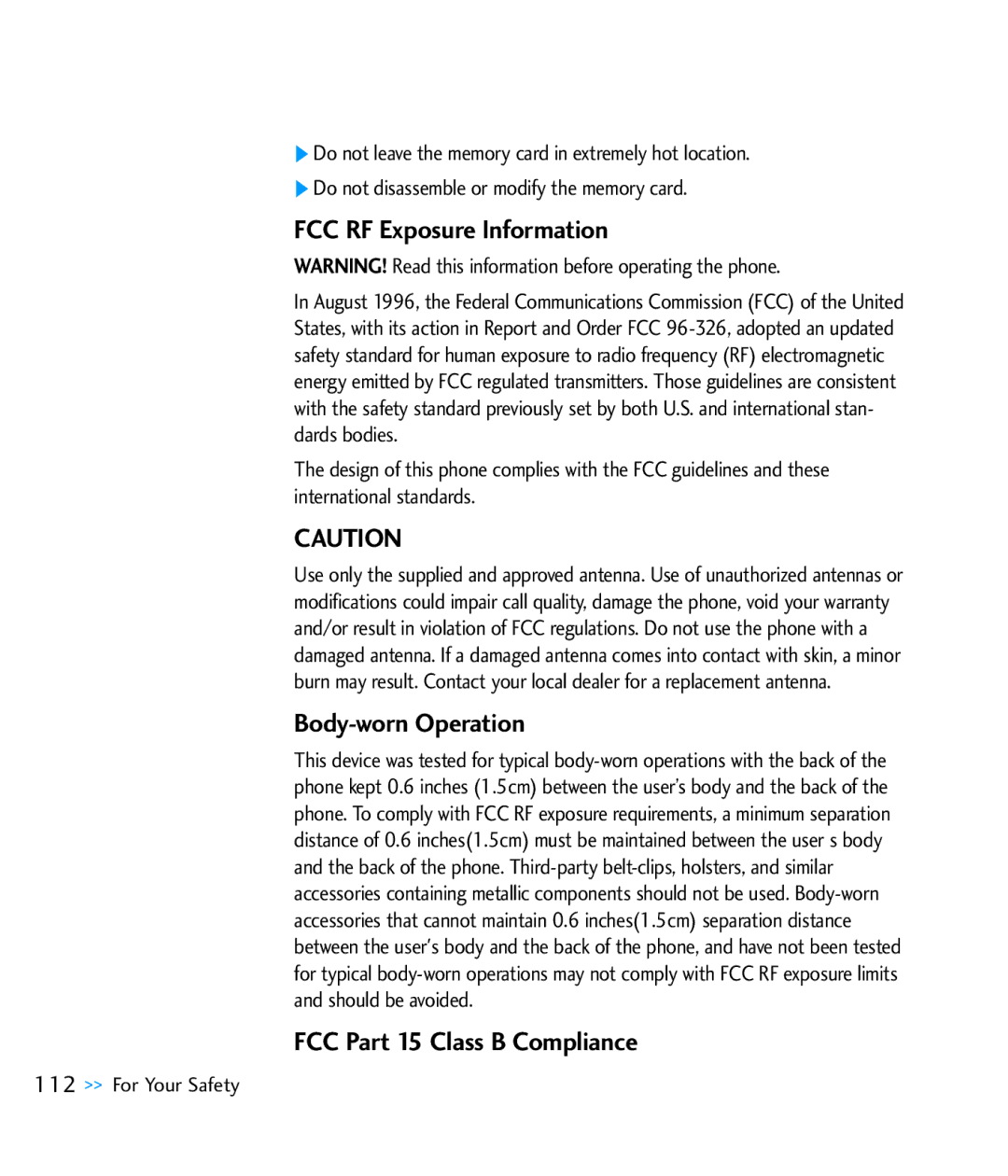 LG Electronics CU920 manual FCC RF Exposure Information, Body-worn Operation, FCC Part 15 Class B Compliance 