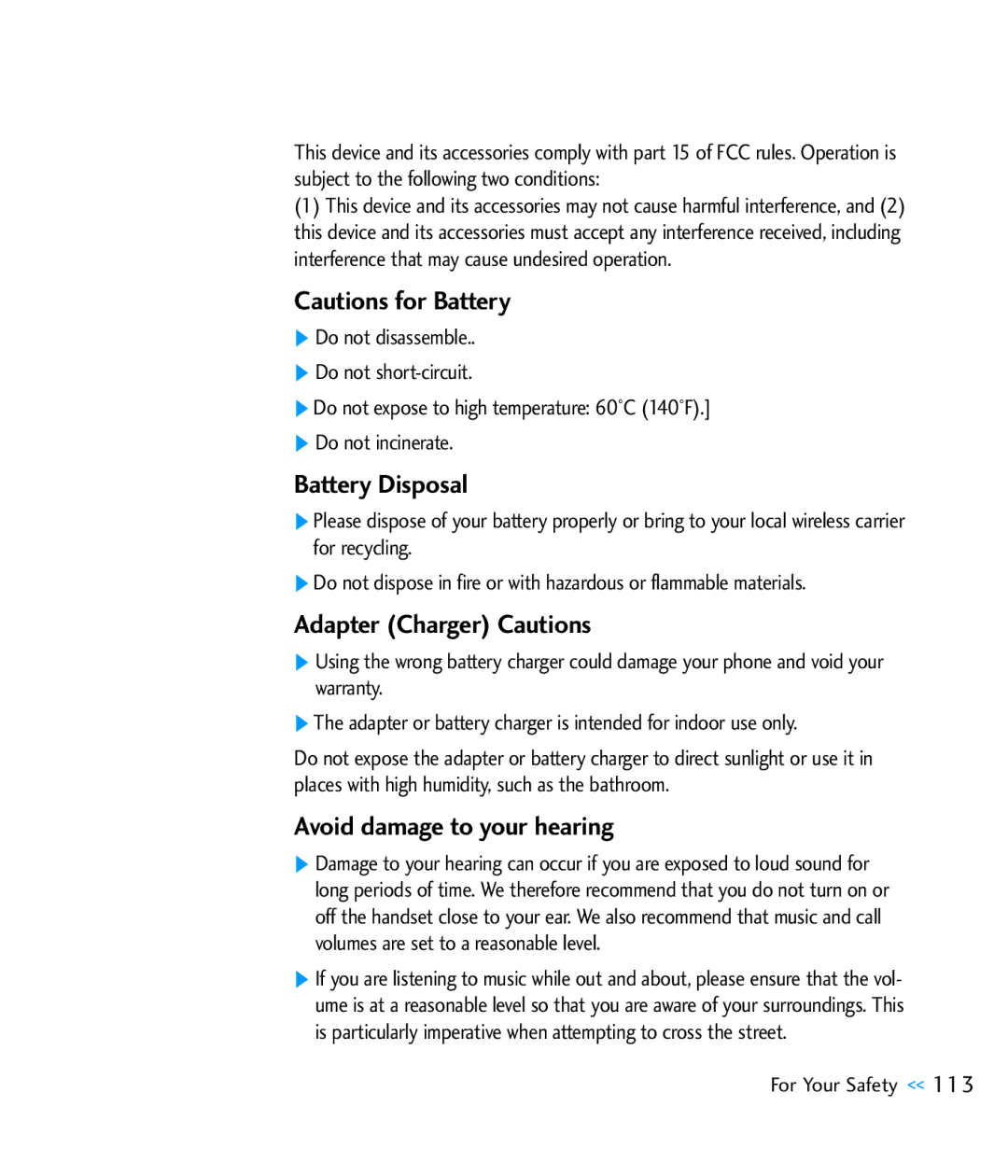 LG Electronics CU920 manual Battery Disposal, Adapter Charger Cautions, Avoid damage to your hearing 