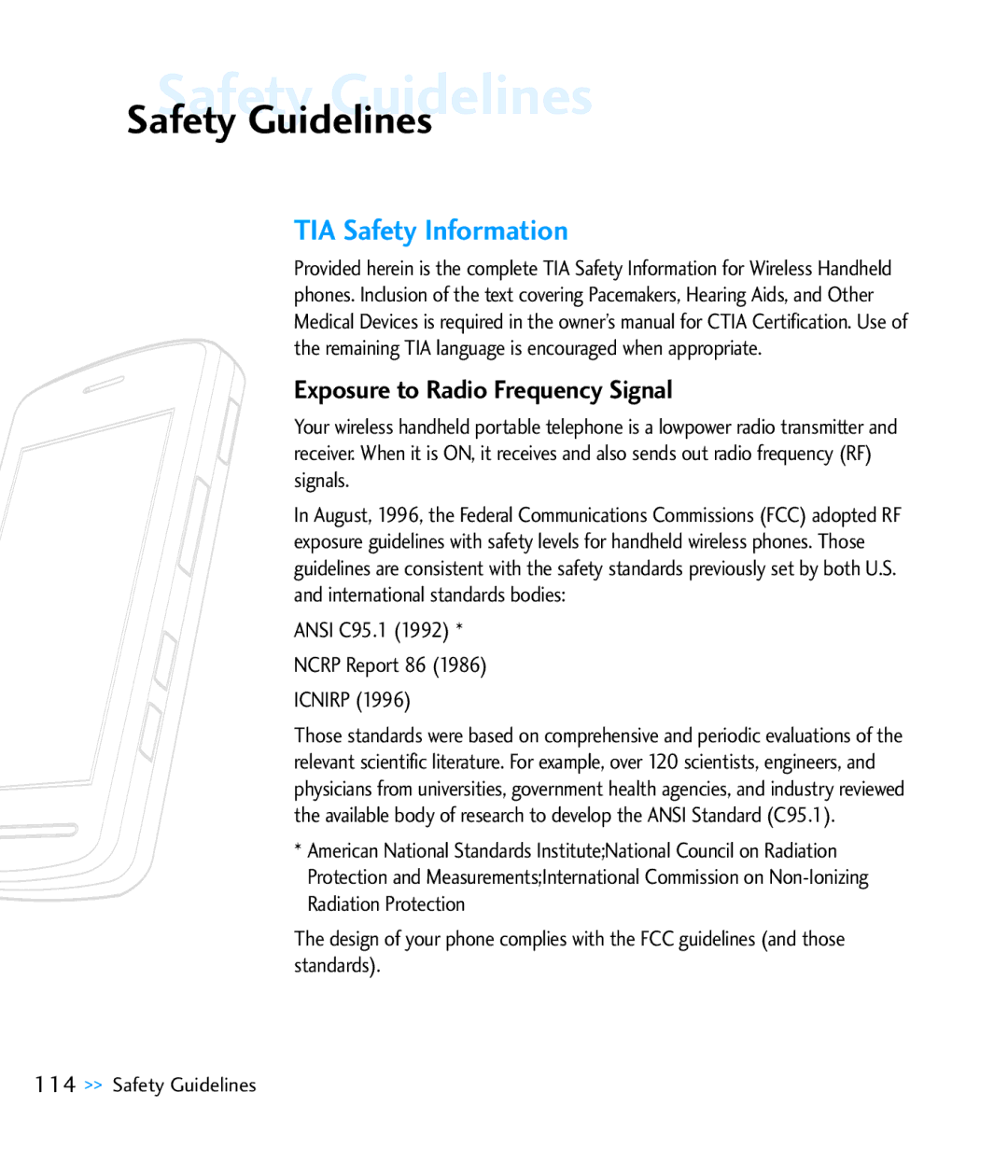 LG Electronics CU920 manual SafetySafetyGuidelinesGuidelines, TIA Safety Information, Exposure to Radio Frequency Signal 