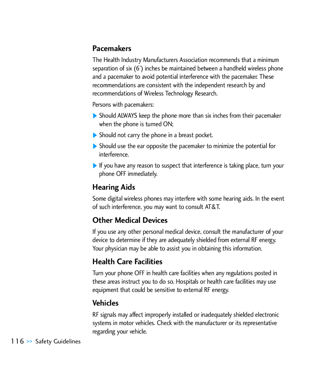 LG Electronics CU920 manual Pacemakers, Hearing Aids, Other Medical Devices, Health Care Facilities, Vehicles 