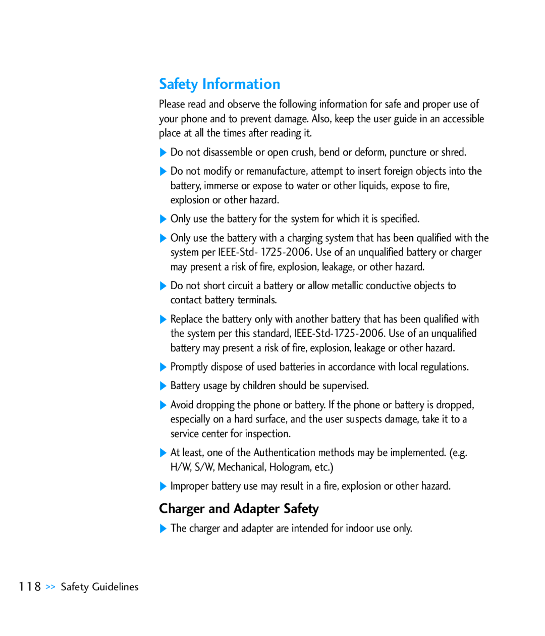 LG Electronics CU920 Safety Information, Charger and Adapter Safety, Charger and adapter are intended for indoor use only 