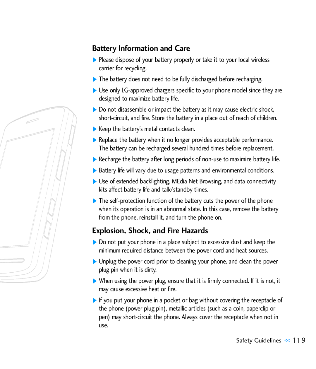 LG Electronics CU920 manual Battery Information and Care, Explosion, Shock, and Fire Hazards 