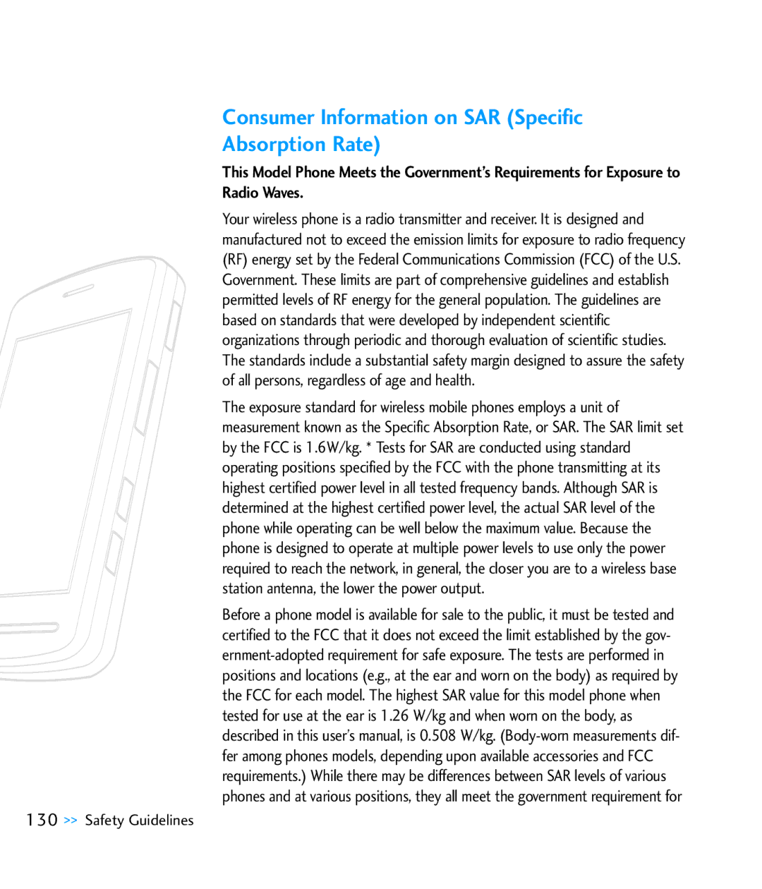 LG Electronics CU920 manual Consumer Information on SAR Specific Absorption Rate 