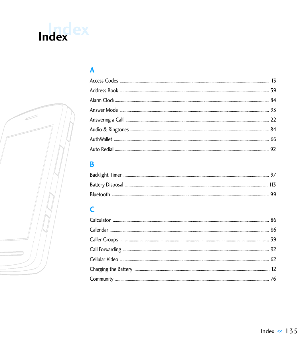 LG Electronics CU920 manual IndexIndex 