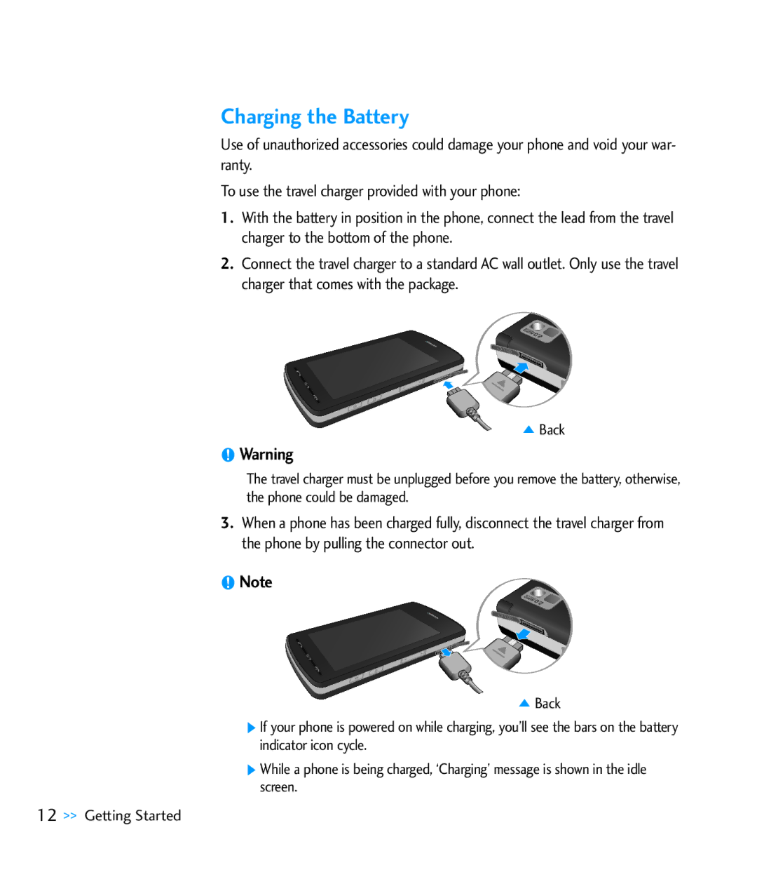 LG Electronics CU920 Charging the Battery, Back, Phone could be damaged, Indicator icon cycle, Screen Getting Started 