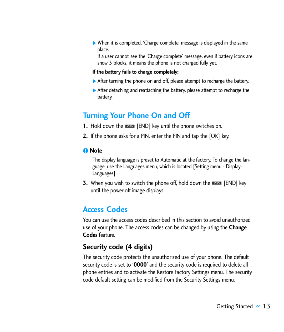 LG Electronics CU920 manual Turning Your Phone On and Off, Access Codes, Security code 4 digits, Battery 