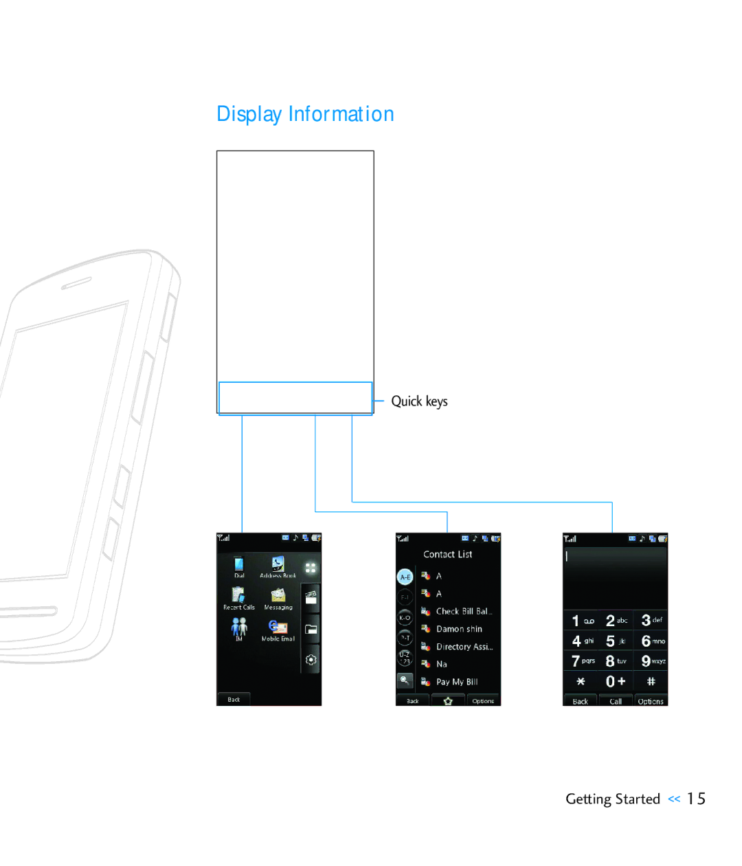 LG Electronics CU920 manual Display Information, Quick keys Getting Started 