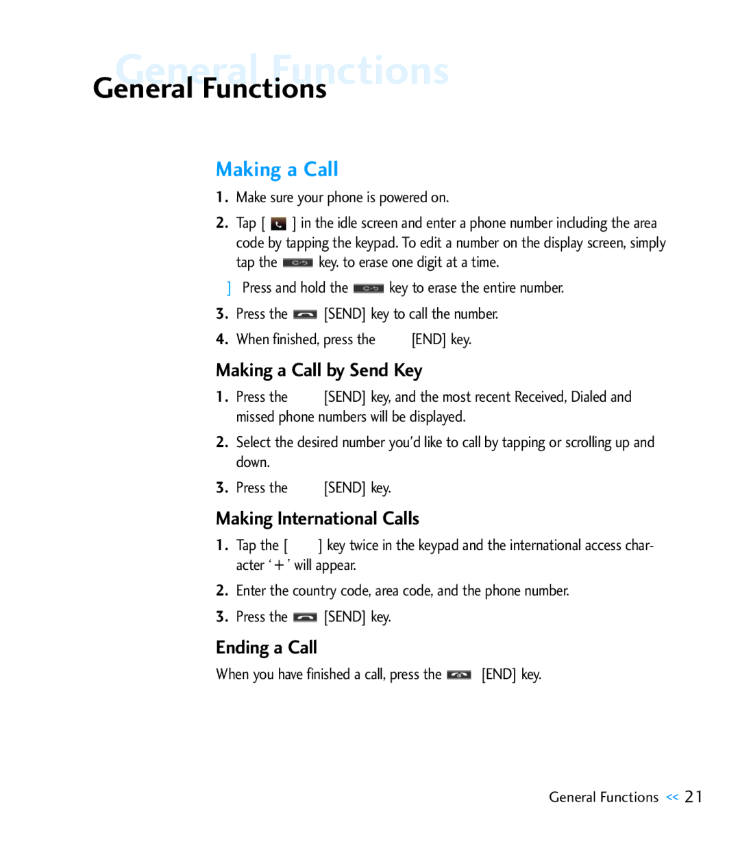 LG Electronics CU920 manual GeneralGeneralFunctionsFunctions, Making a Call by Send Key, Making International Calls 