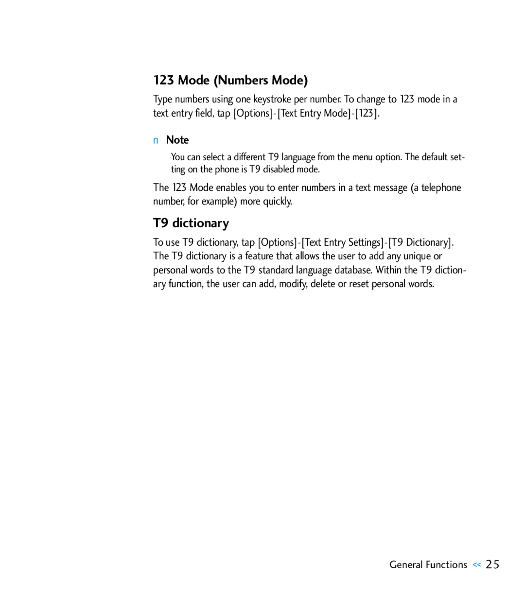 LG Electronics CU920 manual Mode Numbers Mode, T9 dictionary 