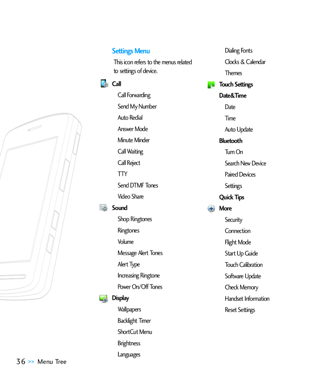 LG Electronics CU920 manual To settings of device, Call Forwarding, Send My Number, Auto Redial, Answer Mode, Minute Minder 