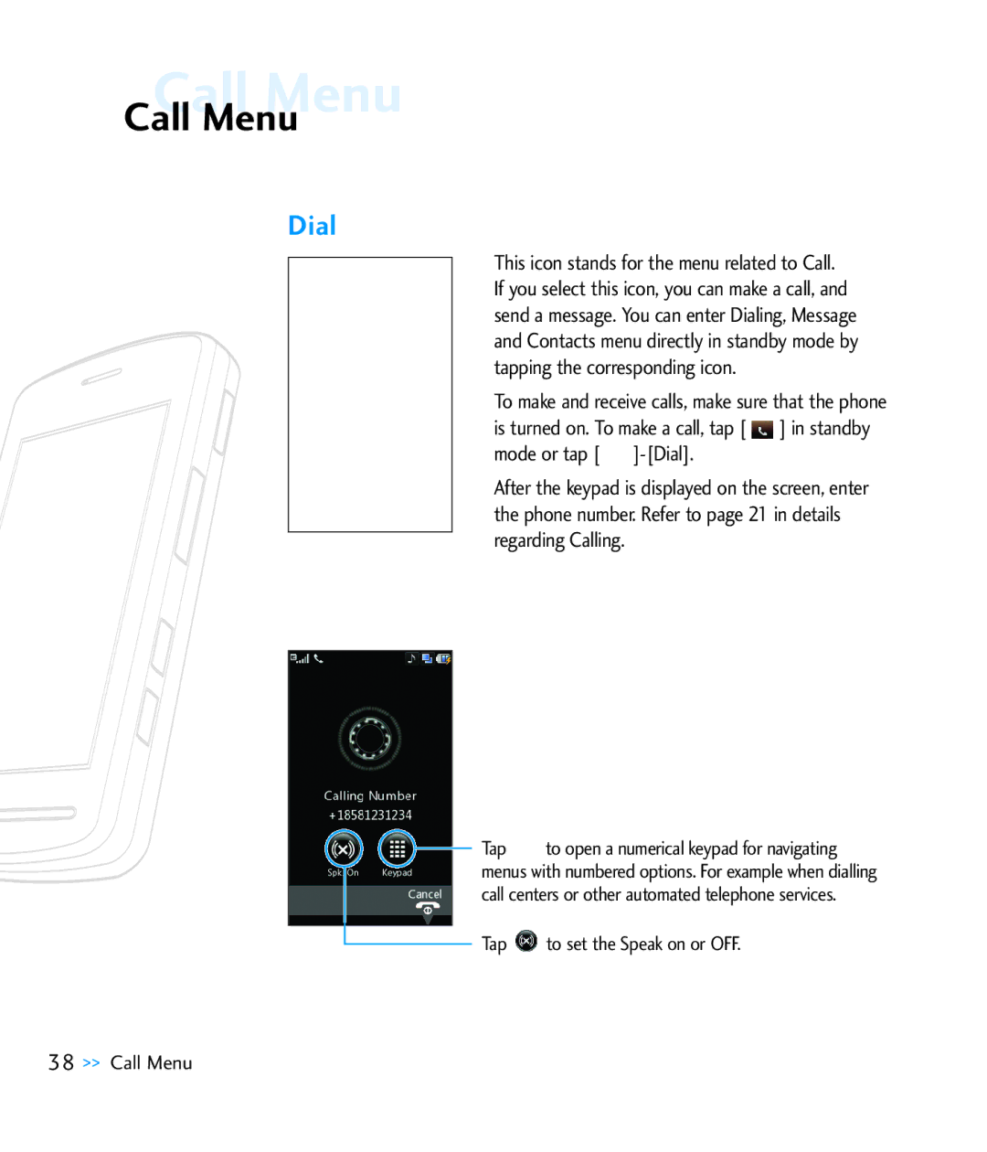 LG Electronics CU920 manual Call Menu, Mode or tap Dial 