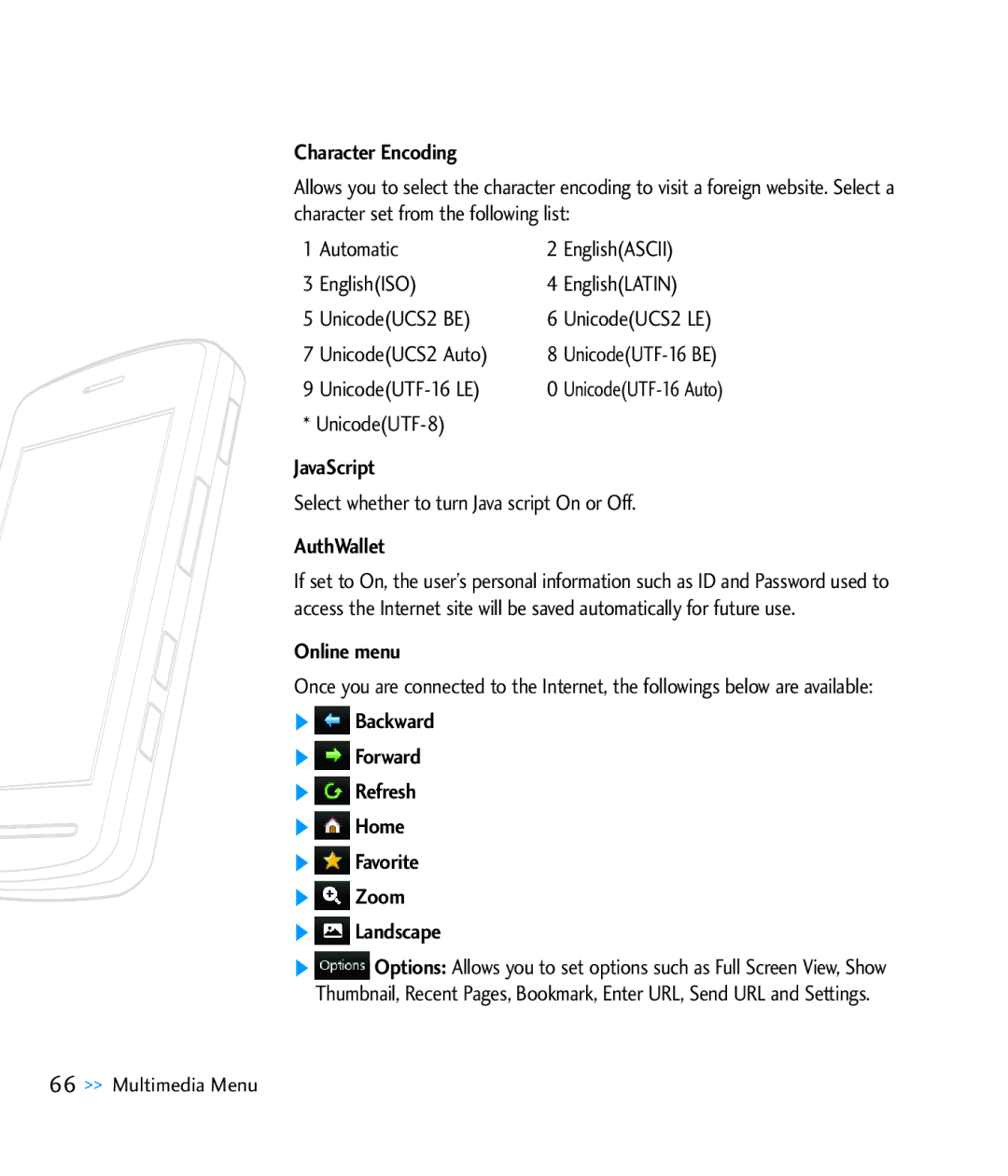 LG Electronics CU920 manual Character Encoding, JavaScript, AuthWallet 