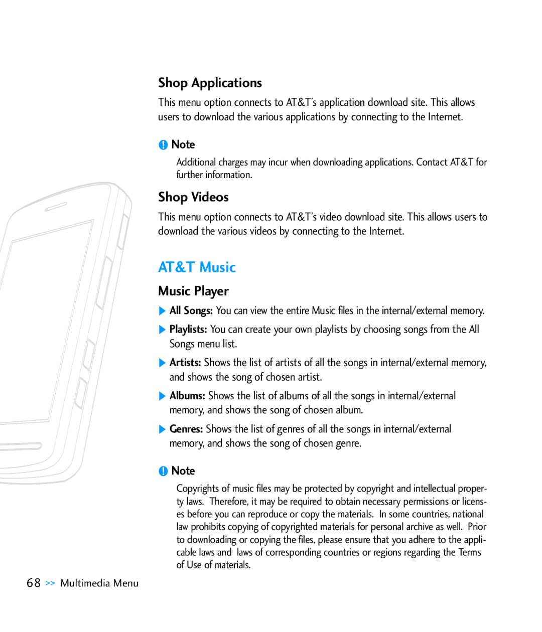 LG Electronics CU920 manual AT&T Music, Shop Applications, Shop Videos, Music Player 