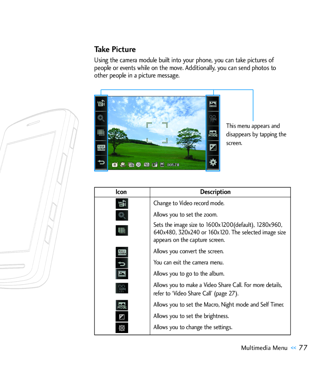 LG Electronics CU920 manual Take Picture, Icon Description 