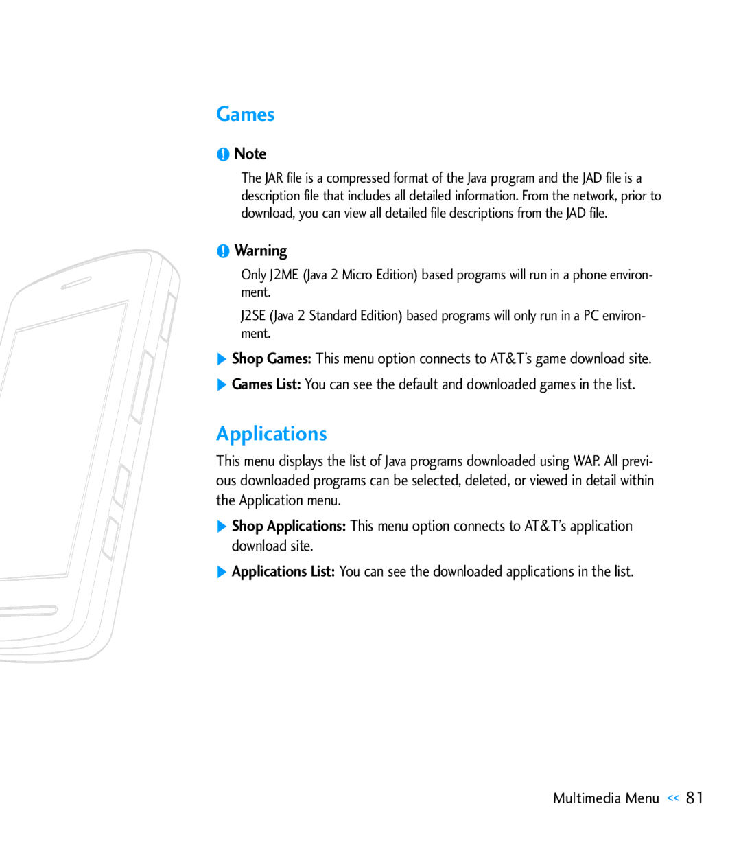 LG Electronics CU920 manual Games, Applications 