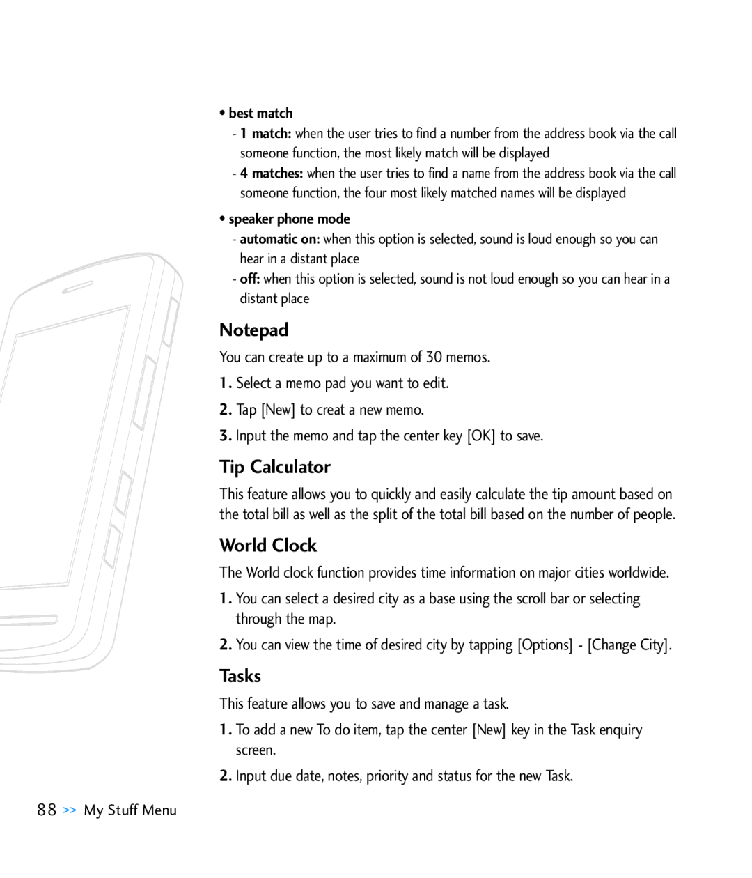 LG Electronics CU920 manual Tip Calculator, World Clock, Tasks, Through the map 