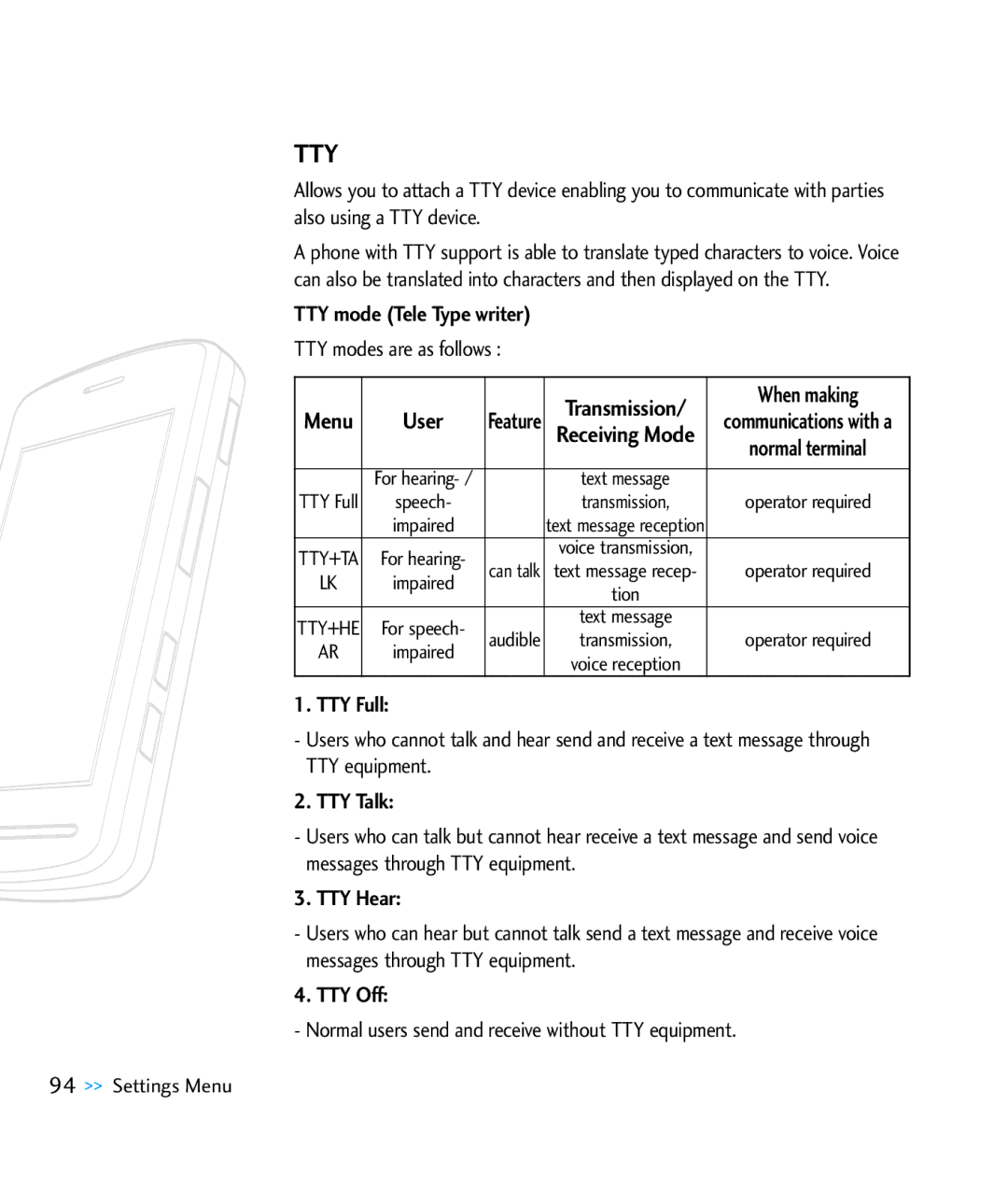 LG Electronics CU920 manual TTY mode Tele Type writer, Transmission When making, TTY Full, TTY Talk, TTY Hear, TTY Off 