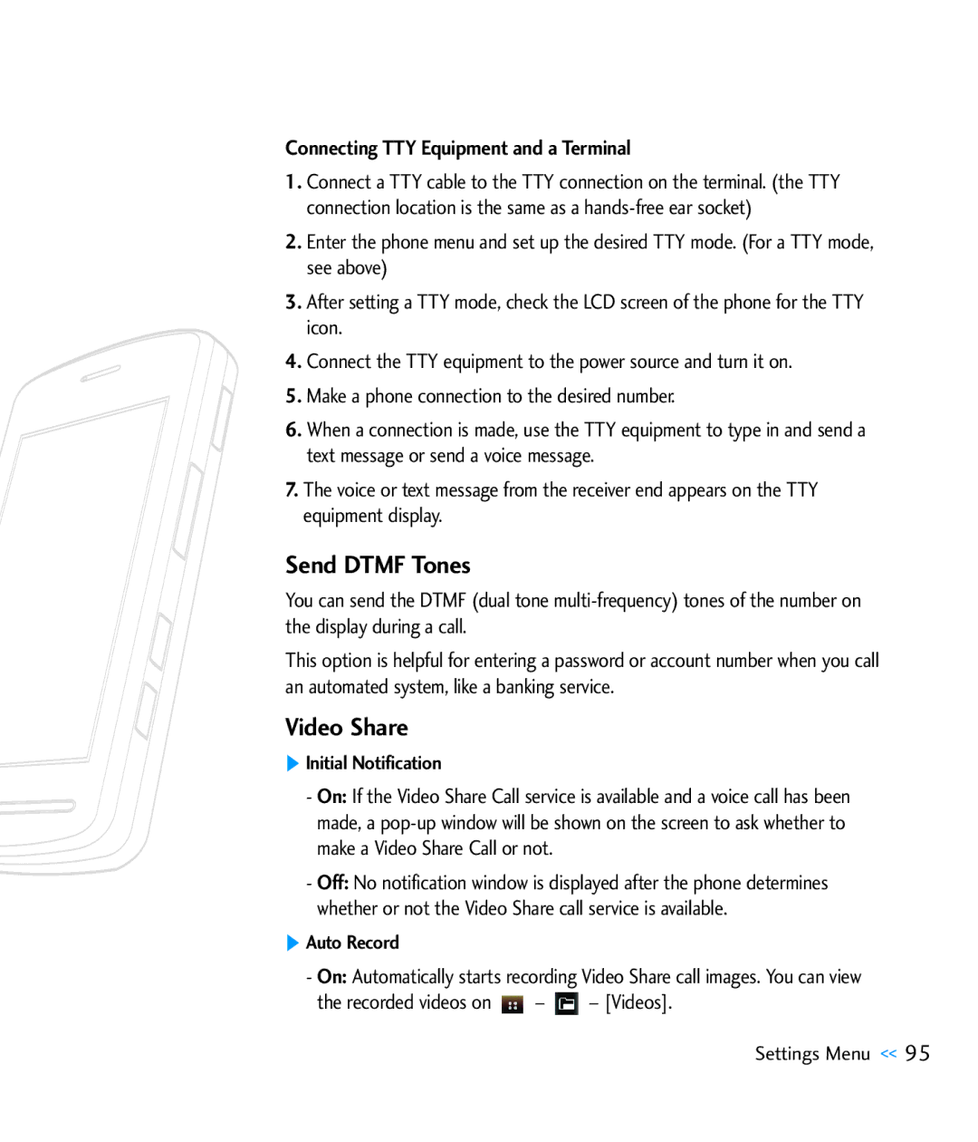 LG Electronics CU920 manual Send Dtmf Tones, Video Share, Connecting TTY Equipment and a Terminal 