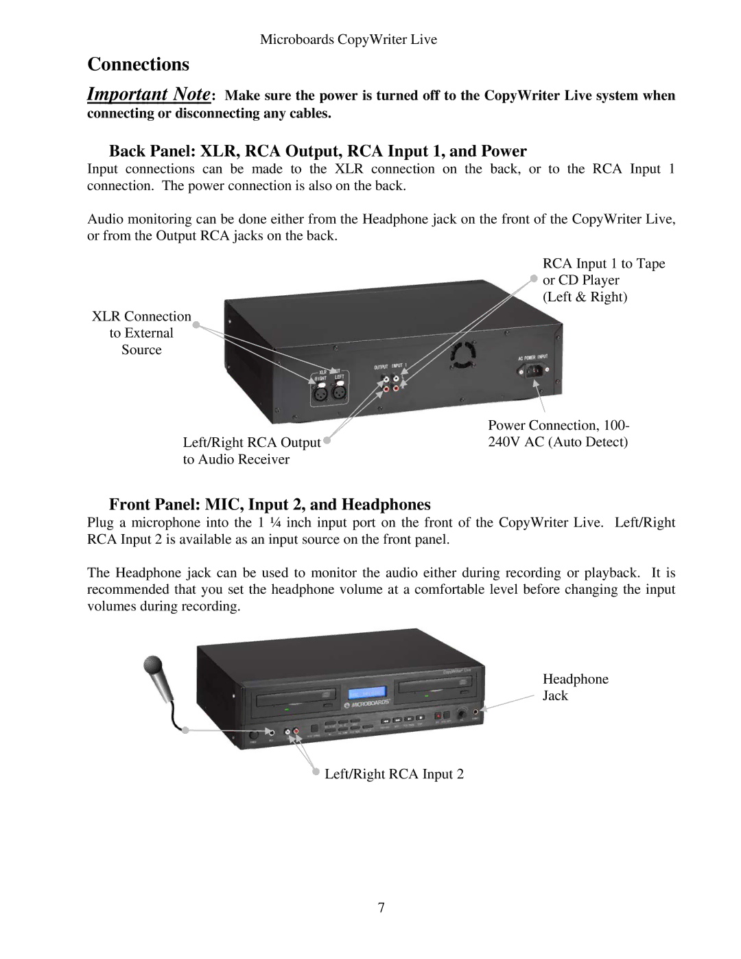 LG Electronics CWL-6200 instruction manual Connections, Back Panel XLR, RCA Output, RCA Input 1, and Power 