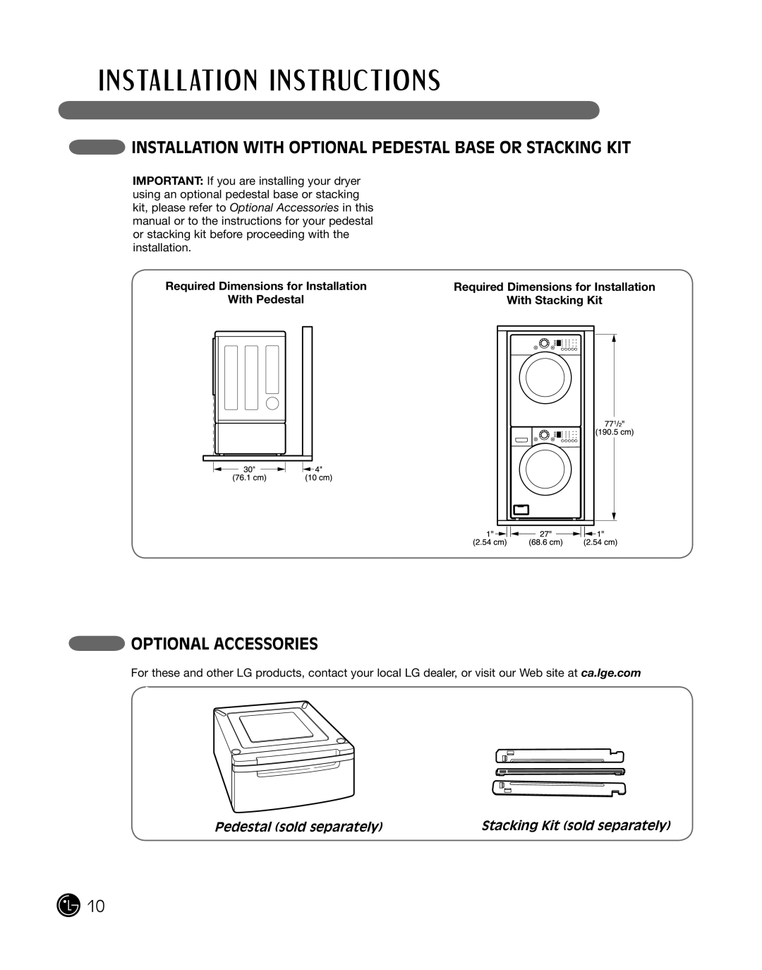 LG Electronics D2102W, D2102R, D2102S, D2102L Installation with Optional Pedestal Base or Stacking KIT, Optional Accessories 