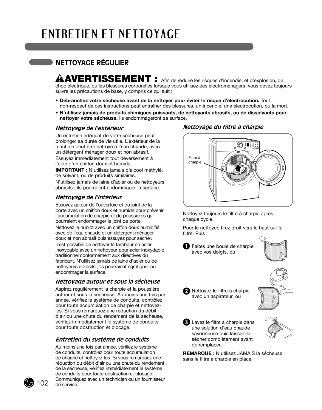 LG Electronics D2102L, D2102R, D2102W, D2102S, DLE2101W, DLE2101R, DLE2101S, DLE2101L, 3828EL3004T manual NettoYaGe réGuLier 