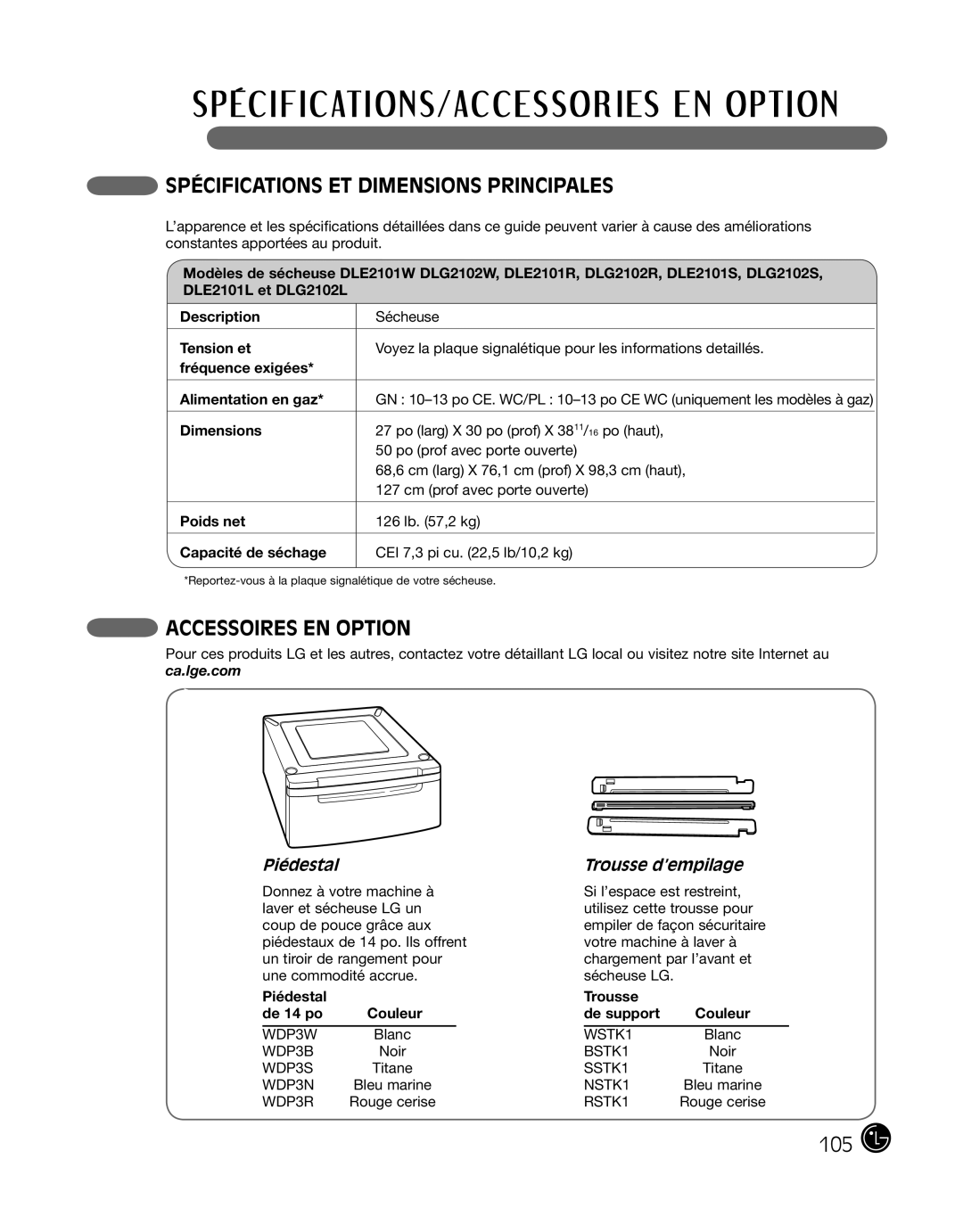 LG Electronics DLE2101S, D2102R, D2102W, D2102S Spécifications ET Dimensions Principales, Accessoires EN Option, Piédestal 