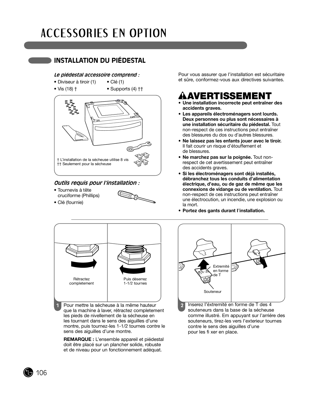 LG Electronics DLE2101L, D2102R, D2102W, D2102S, D2102L, DLE2101W InstaLLation du piédestaL, Outils requis pour l’installation 