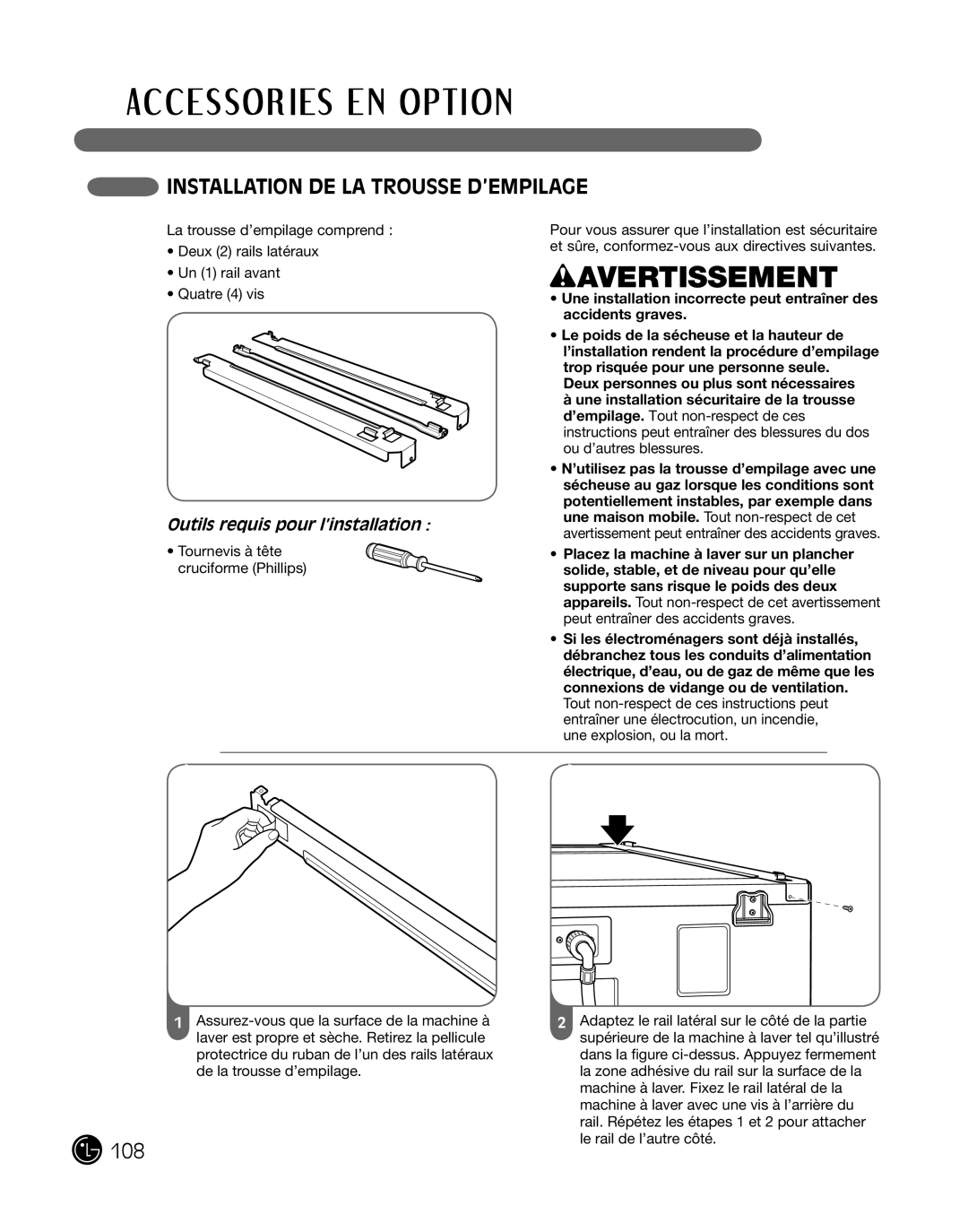 LG Electronics D2102R, D2102W, D2102S, D2102L, DLE2101W, DLE2101R, DLE2101S, DLE2101L InstaLLation de La trousse d’eMpiLaGe, 108 