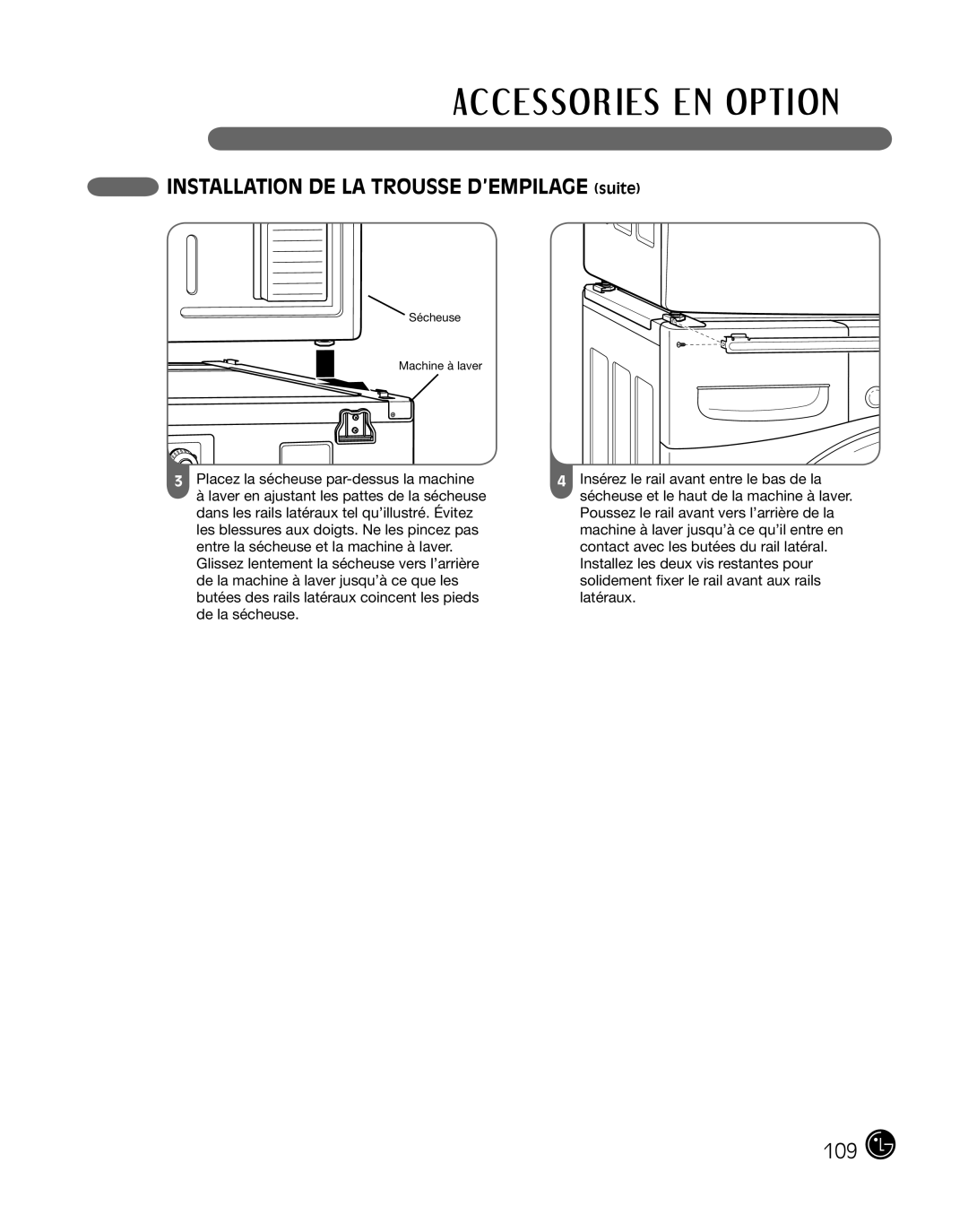 LG Electronics D2102W, D2102R, D2102S, D2102L, DLE2101W, DLE2101R, DLE2101S manual Installation de la trousse d’empilage suite 