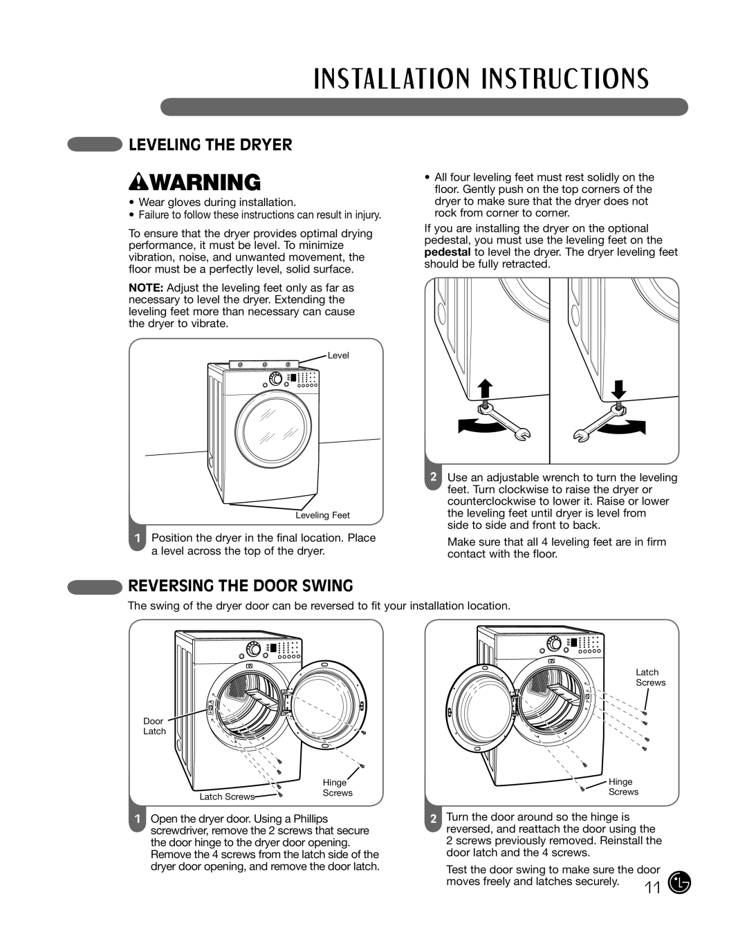 LG Electronics D2102S, D2102R, D2102W, D2102L, DLE2101W, DLE2101R, DLE2101S manual Leveling the Dryer, Reversing the Door Swing 