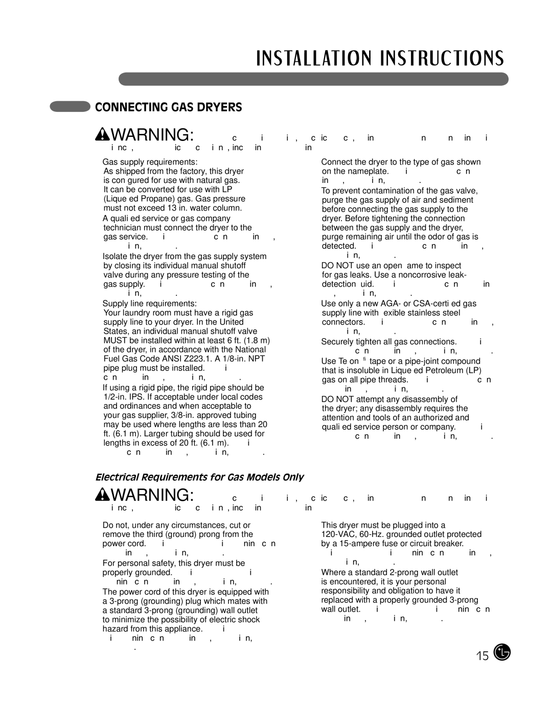 LG Electronics DLE2101S, D2102R, D2102W, D2102S, D2102L ConnecTING GAS Dryers, Electrical Requirements for Gas Models Only 