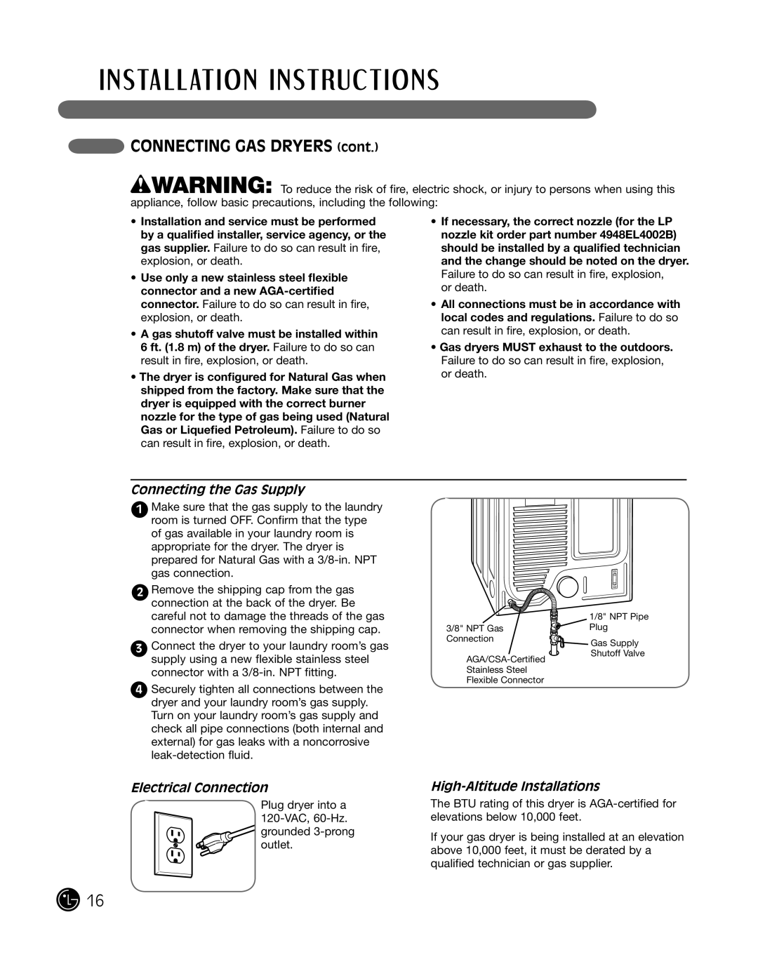 LG Electronics DLE2101L, D2102R, D2102W manual Connecting the Gas Supply, Electrical Connection, High-Altitude Installations 